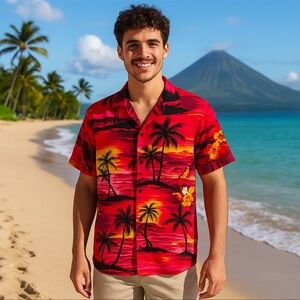 Palmwave Hawaii Men’s Small Red Tropical Sunset Hawaiian Shirt 100% Cotton